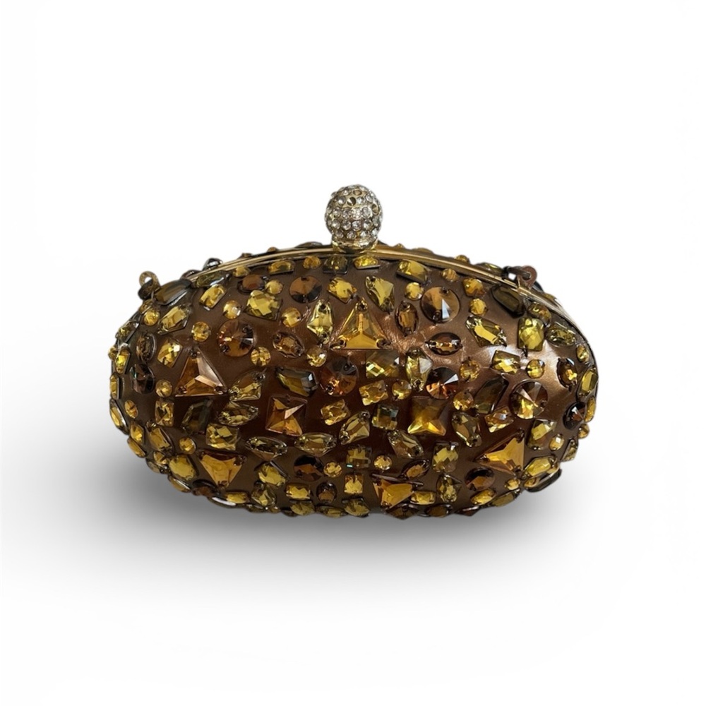 Bejeweled hard case Clutch embellished with gold & Amber crystals & rhinestones. - Picture 1 of 14